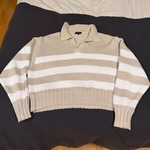 Quince V-Neck Sweater in Beige and White Stripes